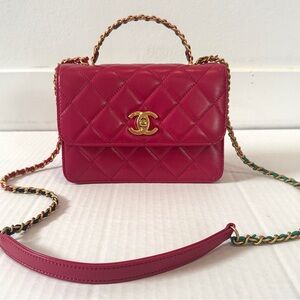 Chanel Mini Top Handle Flap Bag Pink Quilted Lambskin Gold Hardware Crossbody